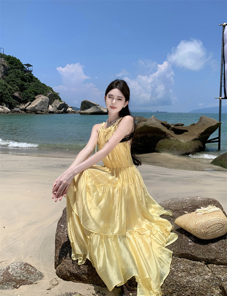 Sparkly Spaghetti Strap Flowy Maxi Dress Dopamine Style A-Line Everyday Wear Yellow Ruffles Tiered Long Dress AP3497