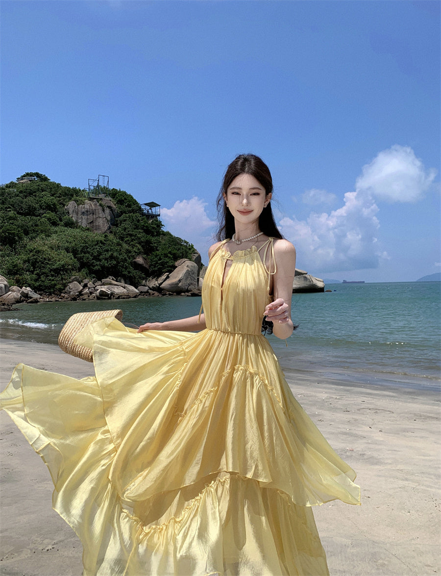 Sparkly Spaghetti Strap Flowy Maxi Dress Dopamine Style A-Line Everyday Wear Yellow Ruffles Tiered Long Dress AP3497