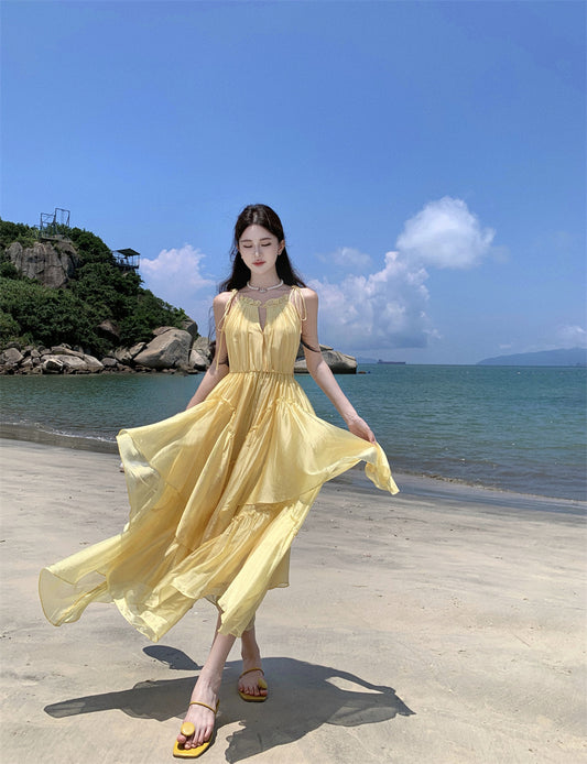 Sparkly Spaghetti Strap Flowy Maxi Dress Dopamine Style A-Line Everyday Wear Yellow Ruffles Tiered Long Dress AP3497