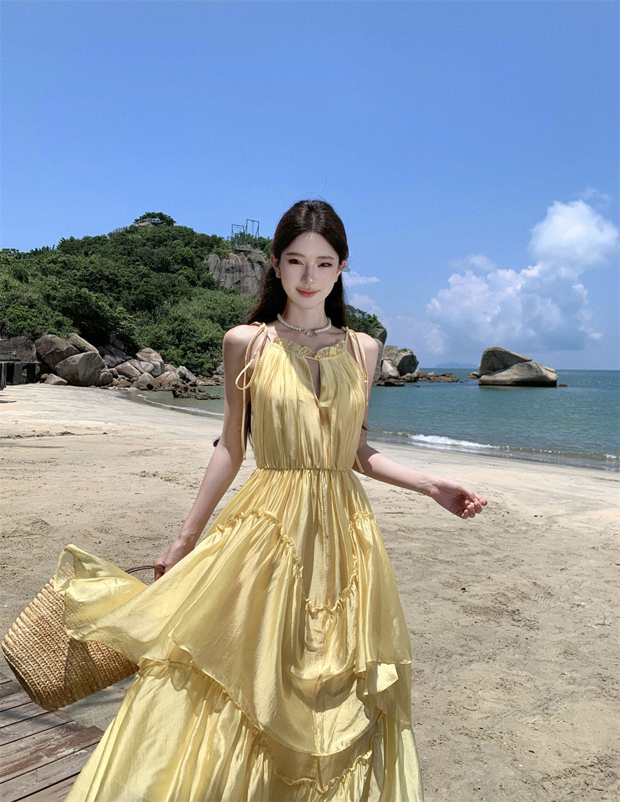 Sparkly Spaghetti Strap Flowy Maxi Dress Dopamine Style A-Line Everyday Wear Yellow Ruffles Tiered Long Dress AP3497