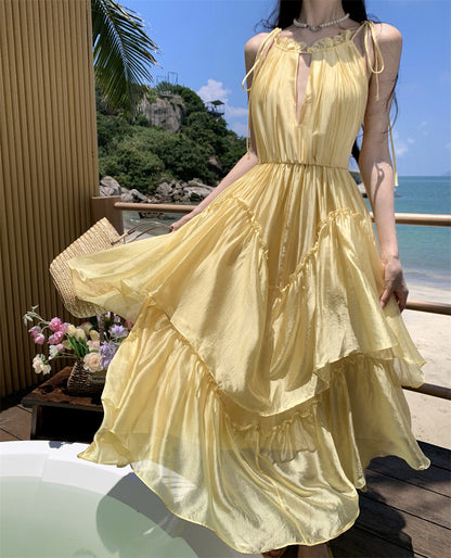 Sparkly Spaghetti Strap Flowy Maxi Dress Dopamine Style A-Line Everyday Wear Yellow Ruffles Tiered Long Dress AP3497