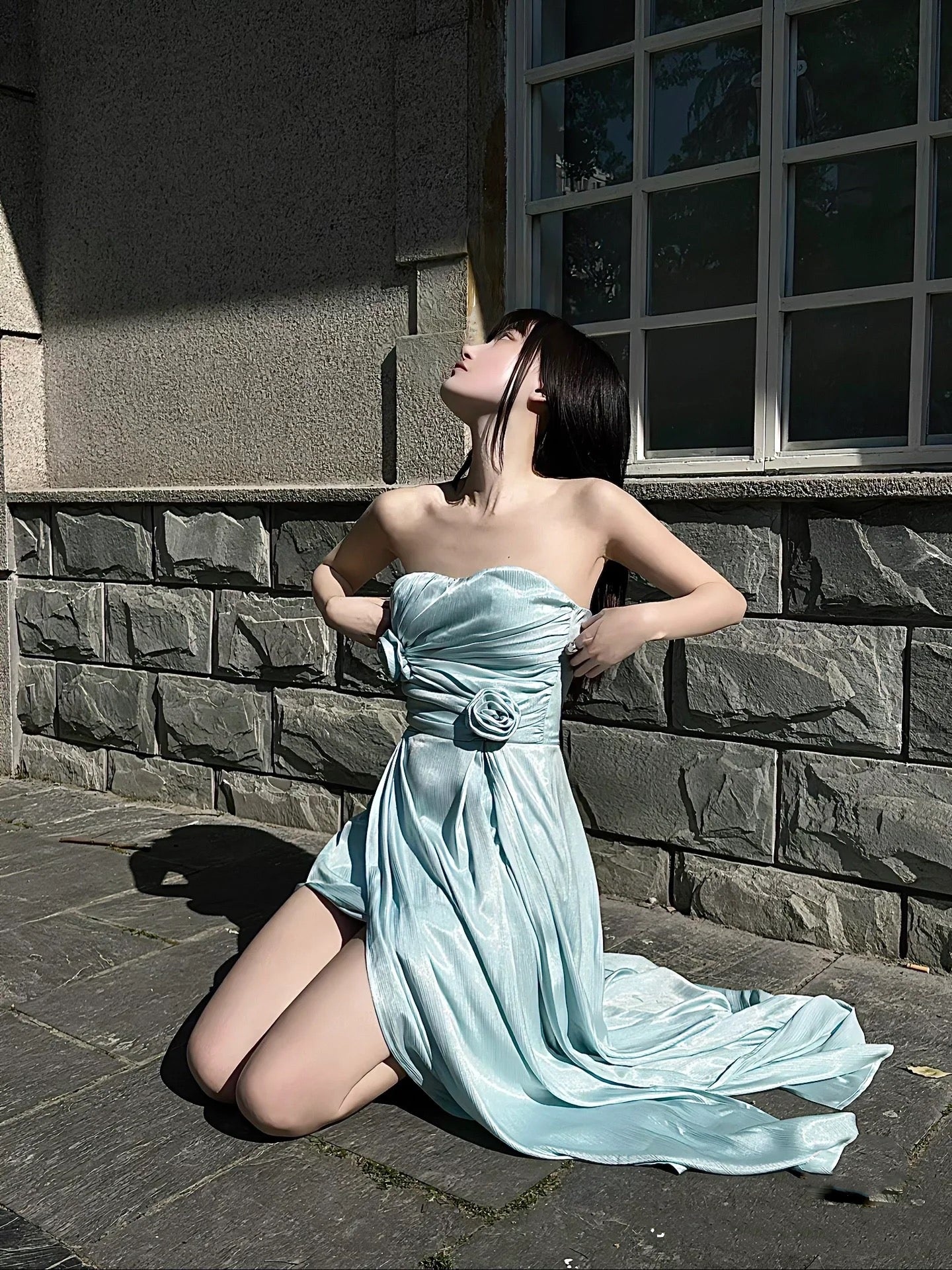 Dopamine Style 3D Floral Strapless Maxi Dresses Fancy A-Line High-Slit Pleated Long Dress AP3498