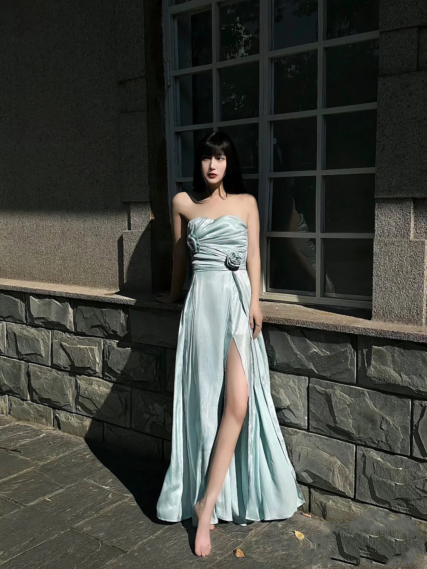 Dopamine Style 3D Floral Strapless Maxi Dresses Fancy A-Line High-Slit Pleated Long Dress AP3498