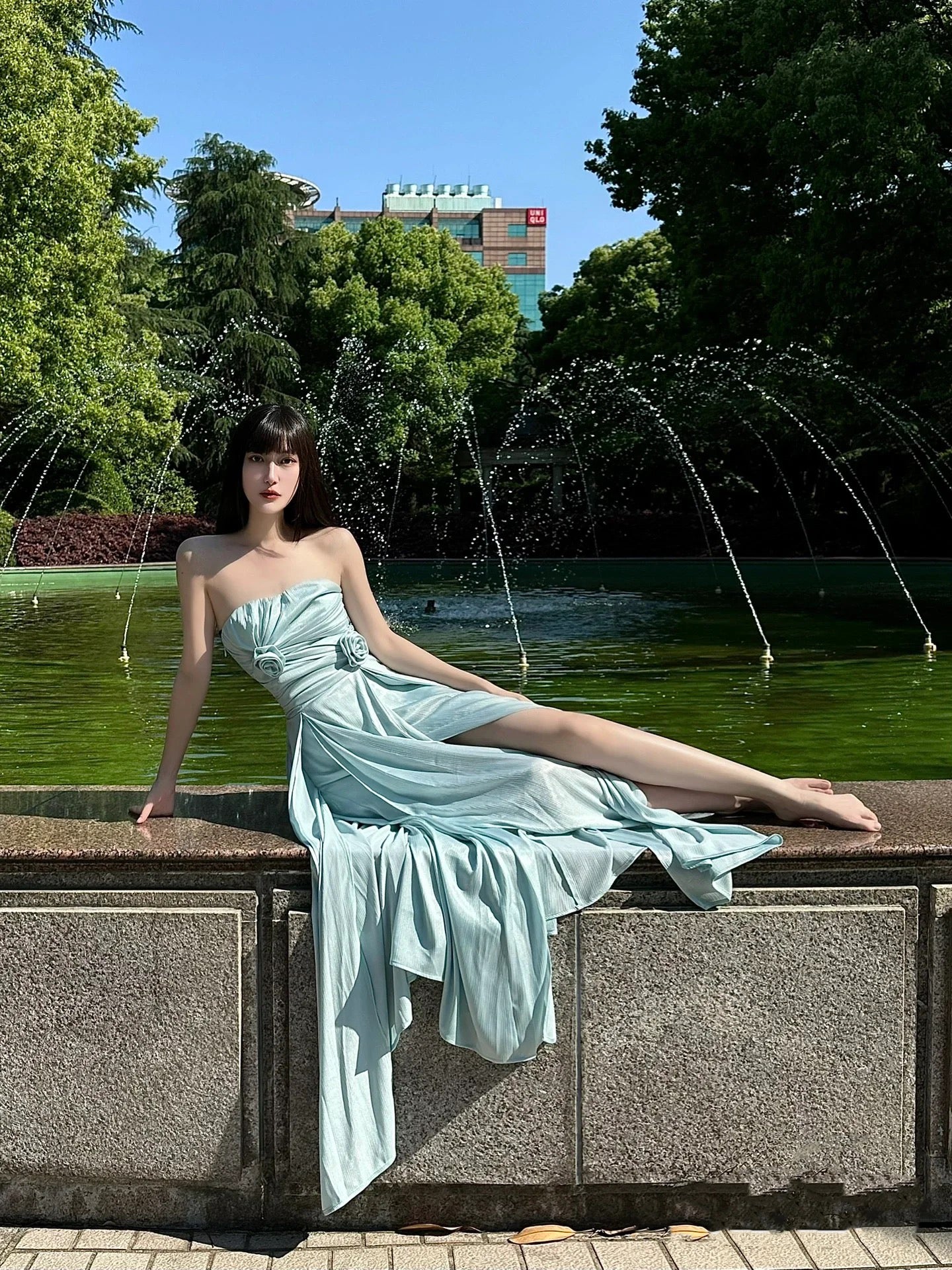 Dopamine Style 3D Floral Strapless Maxi Dresses Fancy A-Line High-Slit Pleated Long Dress AP3498