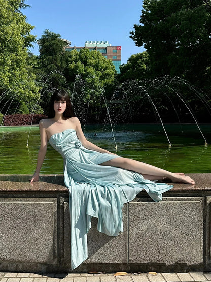 Dopamine Style 3D Floral Strapless Maxi Dresses Fancy A-Line High-Slit Pleated Long Dress AP3498