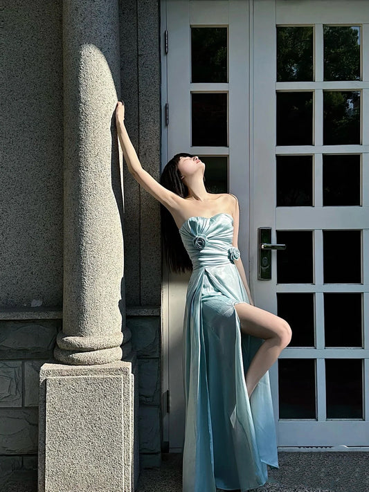 Dopamine Style 3D Floral Strapless Maxi Dresses Fancy A-Line High-Slit Pleated Long Dress AP3498