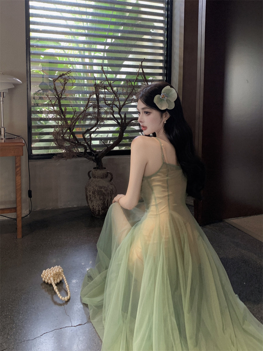 Charming 2-Piece Set Spaghetti Strap Maxi Dress Vintage A-Line Green Tulle Pleated Long Dress AP3499