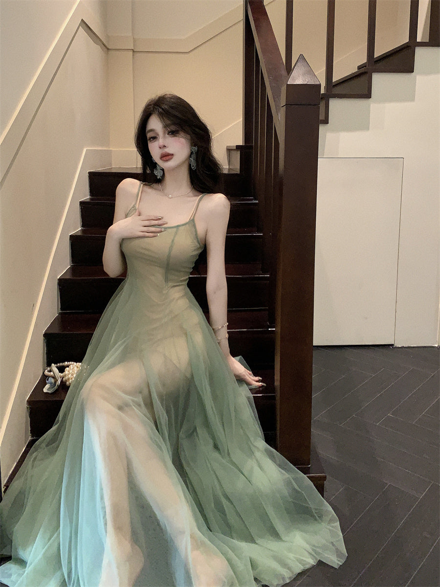 Charming 2-Piece Set Spaghetti Strap Maxi Dress Vintage A-Line Green Tulle Pleated Long Dress AP3499