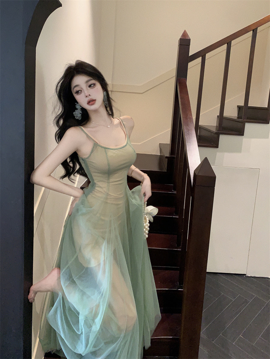 Charming 2-Piece Set Spaghetti Strap Maxi Dress Vintage A-Line Green Tulle Pleated Long Dress AP3499