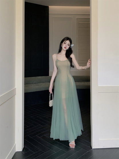 Charming 2-Piece Set Spaghetti Strap Maxi Dress Vintage A-Line Green Tulle Pleated Long Dress AP3499