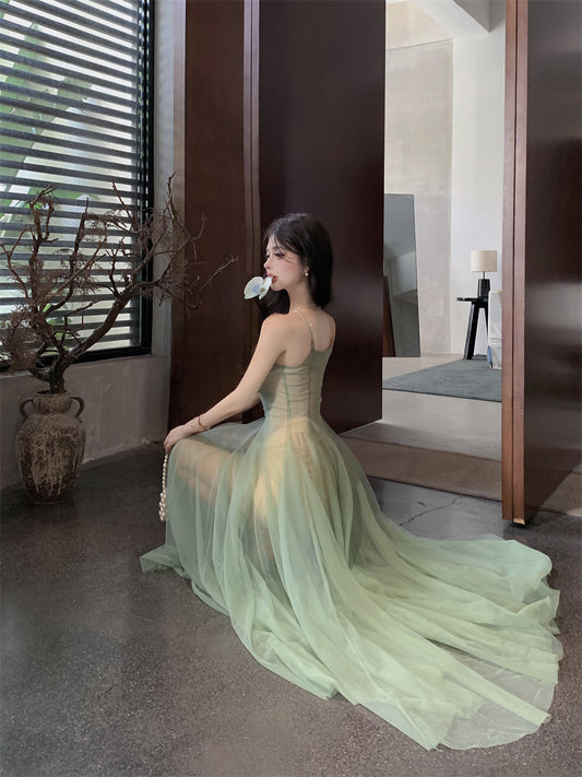 Charming 2-Piece Set Spaghetti Strap Maxi Dress Vintage A-Line Green Tulle Pleated Long Dress AP3499