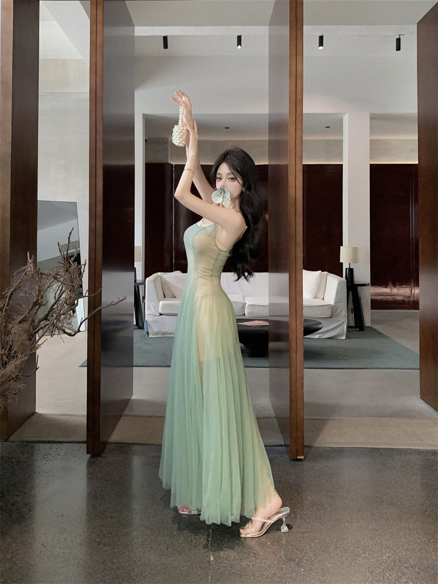 Charming 2-Piece Set Spaghetti Strap Maxi Dress Vintage A-Line Green Tulle Pleated Long Dress AP3499