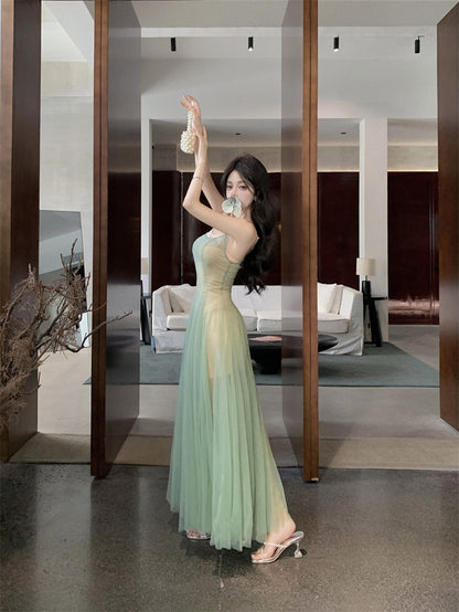 Charming 2-Piece Set Spaghetti Strap Maxi Dress Vintage A-Line Green Tulle Pleated Long Dress AP3499
