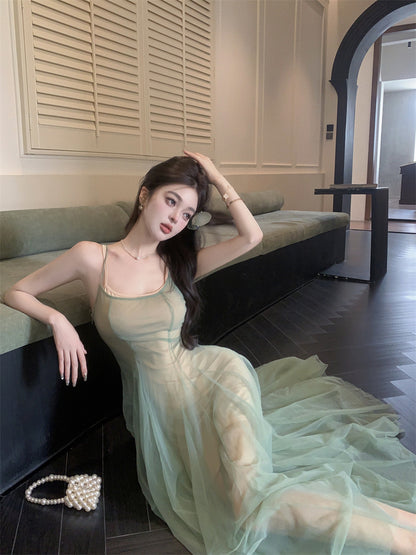 Charming 2-Piece Set Spaghetti Strap Maxi Dress Vintage A-Line Green Tulle Pleated Long Dress AP3499