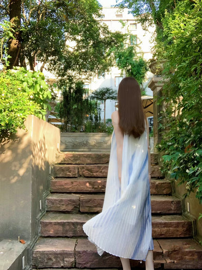 Simple Spaghetti Strap Ombre Maxi Dress With Lining Chic A-Line Pleated Flowy Long Dress AP3500