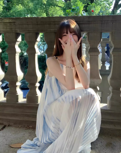 Simple Spaghetti Strap Ombre Maxi Dress With Lining Chic A-Line Pleated Flowy Long Dress AP3500