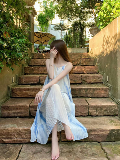 Simple Spaghetti Strap Ombre Maxi Dress With Lining Chic A-Line Pleated Flowy Long Dress AP3500