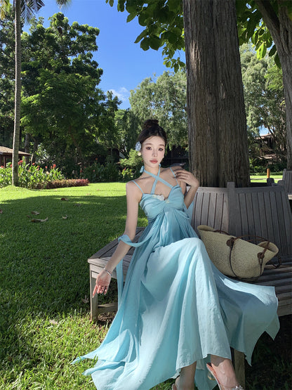 French Style Spaghetti Strap 3D Floral Maxi Dress Casual A-Line Trimmed Sash Layered Long Dress AP3501