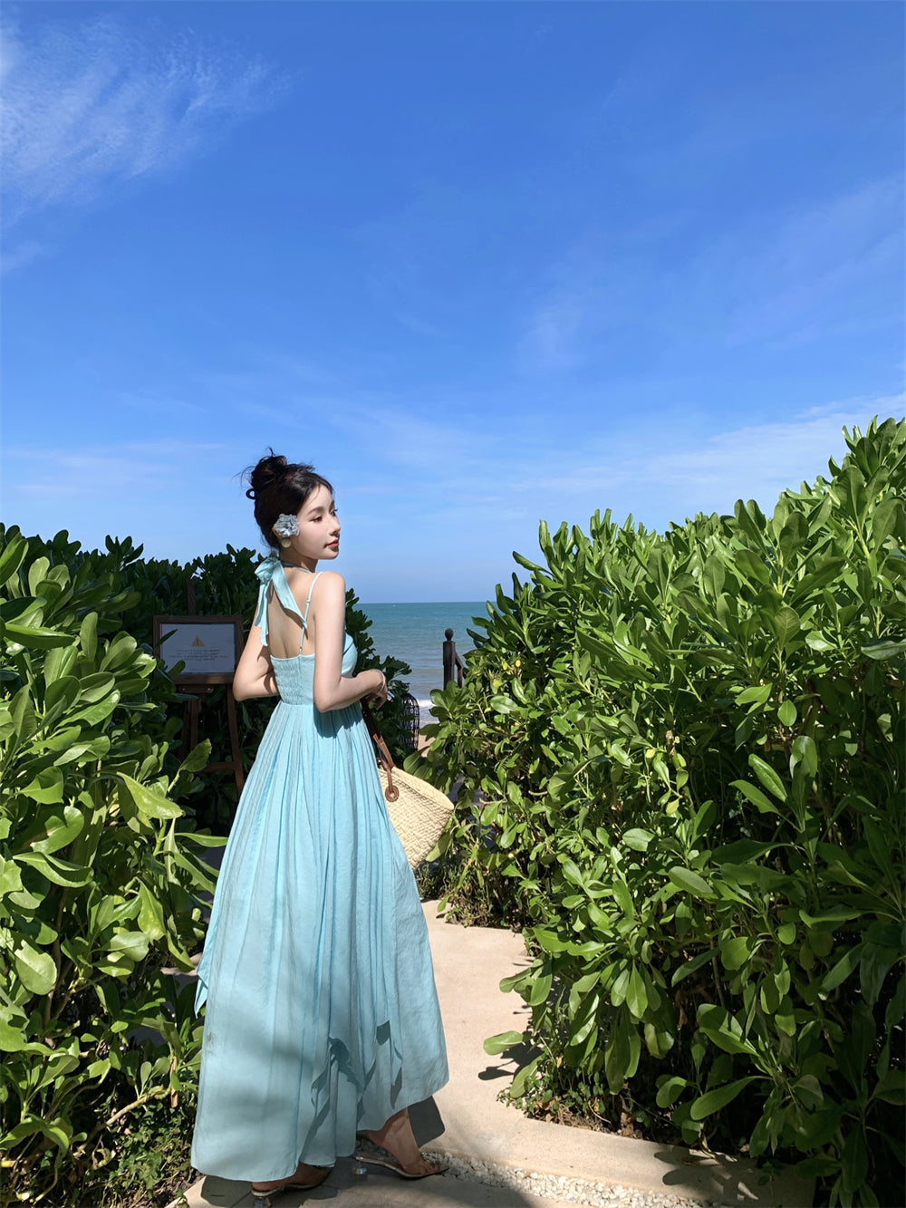 French Style Spaghetti Strap 3D Floral Maxi Dress Casual A-Line Trimmed Sash Layered Long Dress AP3501