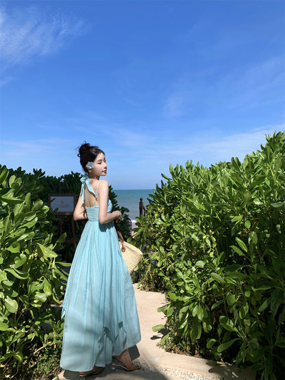 French Style Spaghetti Strap 3D Floral Maxi Dress Casual A-Line Trimmed Sash Layered Long Dress AP3501