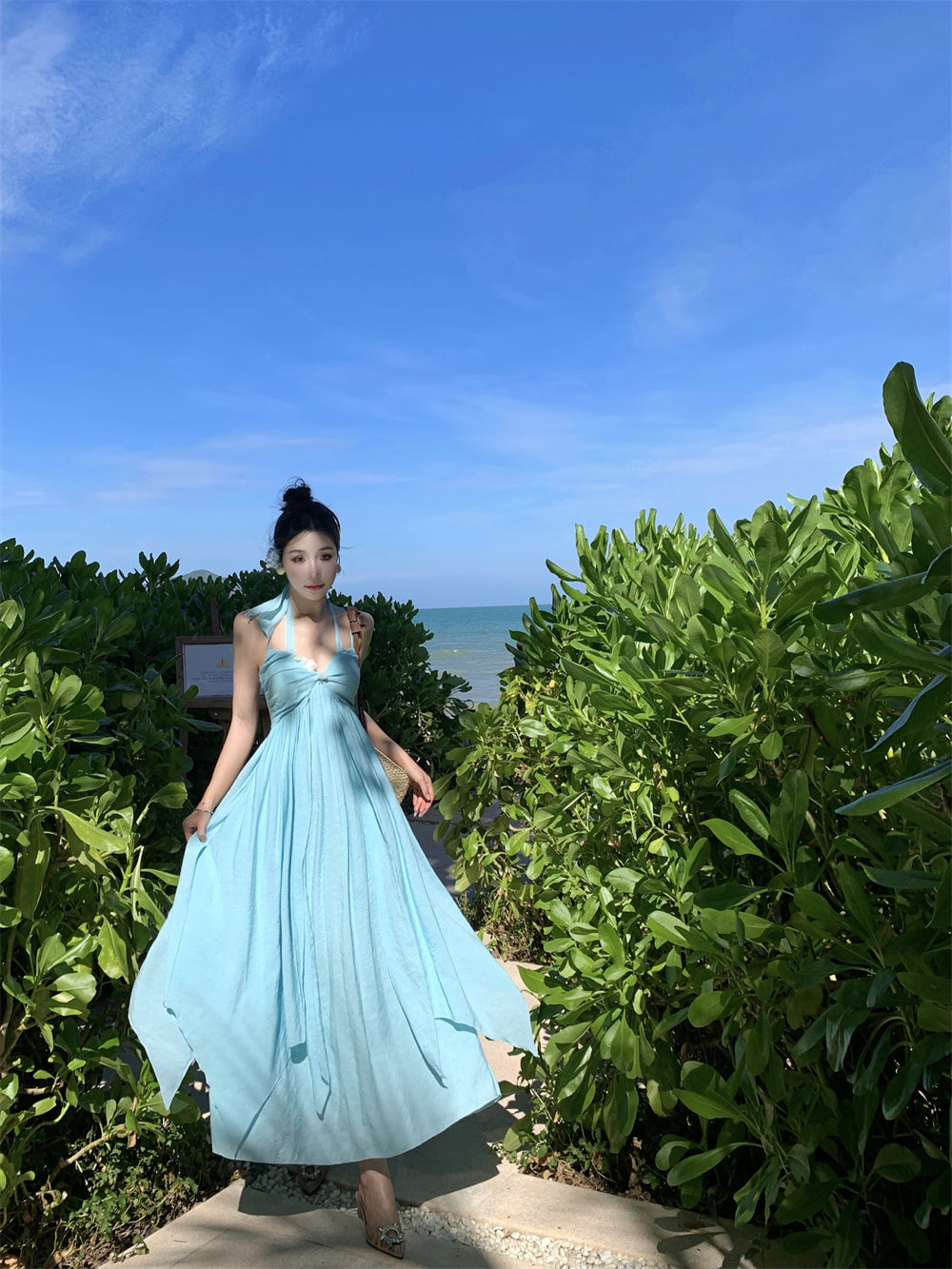 French Style Spaghetti Strap 3D Floral Maxi Dress Casual A-Line Trimmed Sash Layered Long Dress AP3501