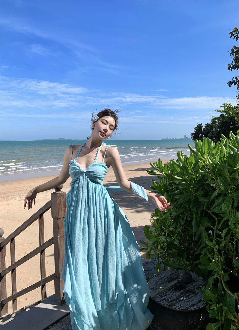 French Style Spaghetti Strap 3D Floral Maxi Dress Casual A-Line Trimmed Sash Layered Long Dress AP3501