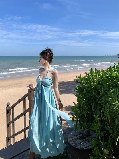 French Style Spaghetti Strap 3D Floral Maxi Dress Casual A-Line Trimmed Sash Layered Long Dress AP3501