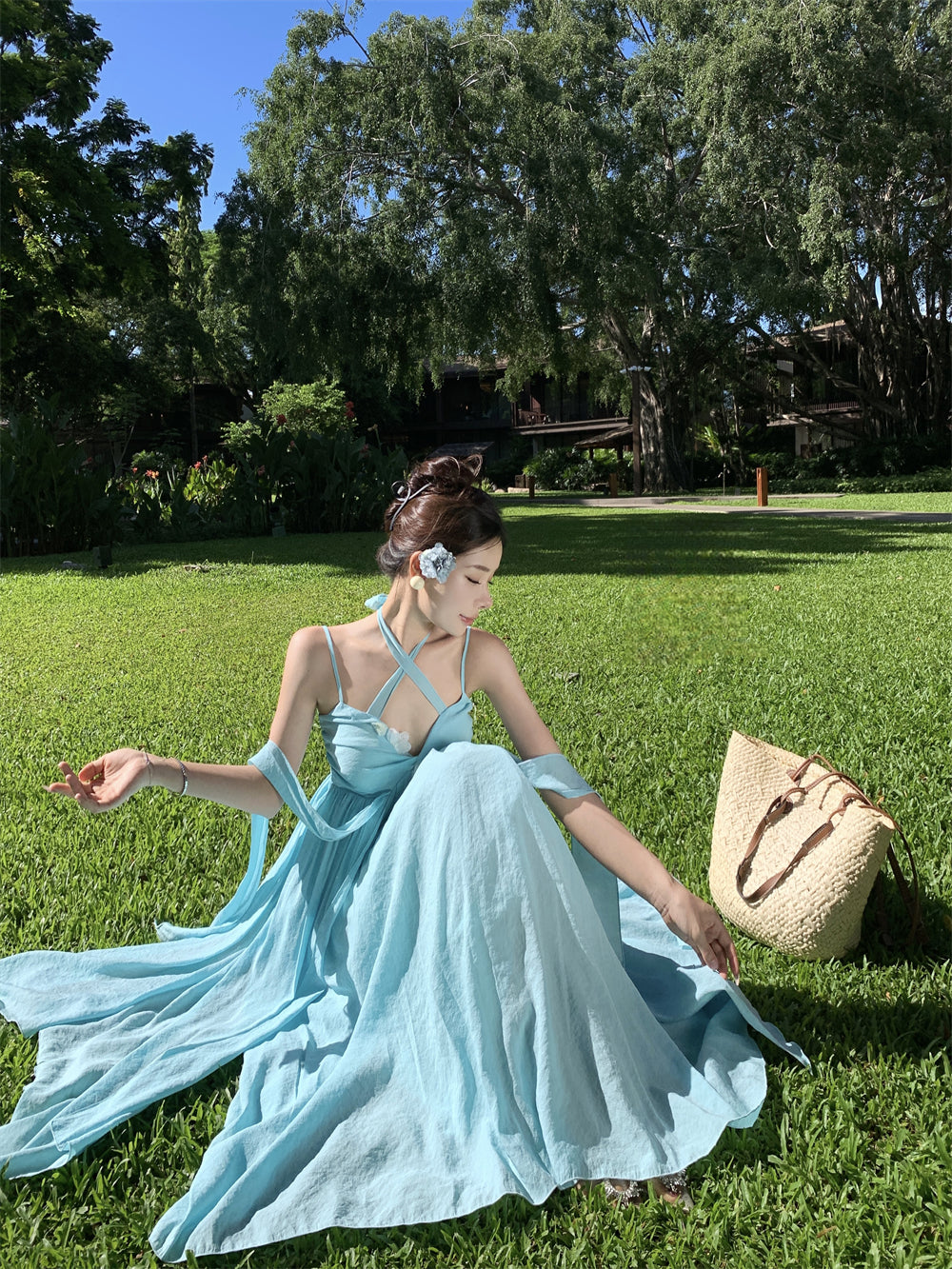 French Style Spaghetti Strap 3D Floral Maxi Dress Casual A-Line Trimmed Sash Layered Long Dress AP3501