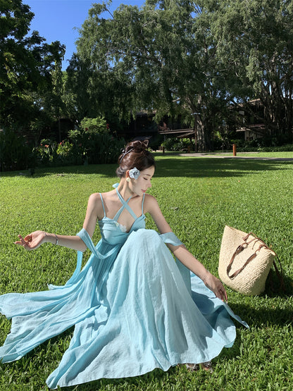 French Style Spaghetti Strap 3D Floral Maxi Dress Casual A-Line Trimmed Sash Layered Long Dress AP3501