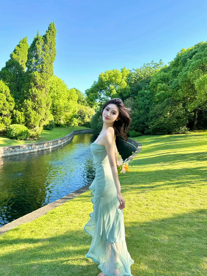 Fashionable Spaghetti Strap Cutout Design Maxi Dress Novelty Ruched Ruffles Tulle Splicing Mermaid Long Dress AP3502