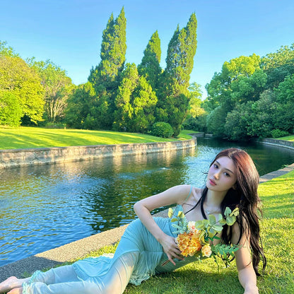 Fashionable Spaghetti Strap Cutout Design Maxi Dress Novelty Ruched Ruffles Tulle Splicing Mermaid Long Dress AP3502