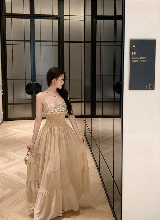 Unique Spaghetti Strap Ruffles Trim Maxi Dress Romantic A-Line Sequins Cinched-Waist Long Dress AP3503