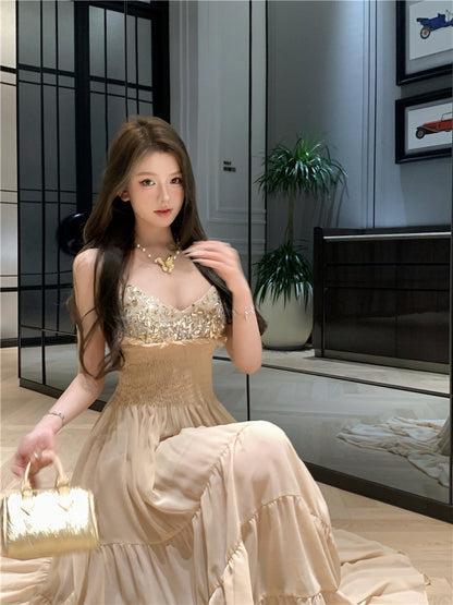 Unique Spaghetti Strap Ruffles Trim Maxi Dress Romantic A-Line Sequins Cinched-Waist Long Dress AP3503