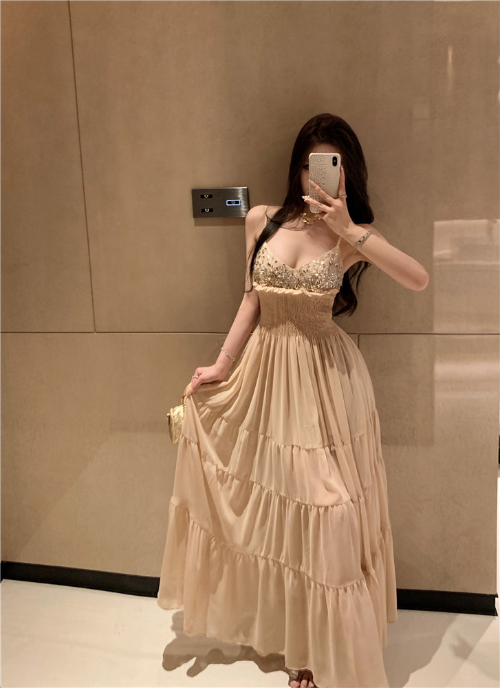 Unique Spaghetti Strap Ruffles Trim Maxi Dress Romantic A-Line Sequins Cinched-Waist Long Dress AP3503