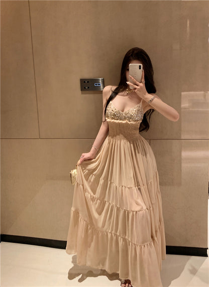 Unique Spaghetti Strap Ruffles Trim Maxi Dress Romantic A-Line Sequins Cinched-Waist Long Dress AP3503
