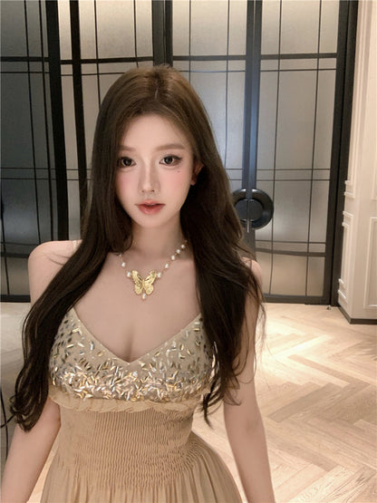 Unique Spaghetti Strap Ruffles Trim Maxi Dress Romantic A-Line Sequins Cinched-Waist Long Dress AP3503