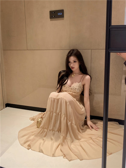 Unique Spaghetti Strap Ruffles Trim Maxi Dress Romantic A-Line Sequins Cinched-Waist Long Dress AP3503