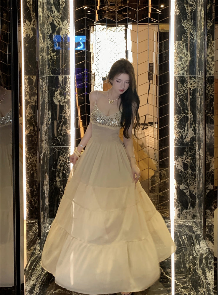 Unique Spaghetti Strap Ruffles Trim Maxi Dress Romantic A-Line Sequins Cinched-Waist Long Dress AP3503