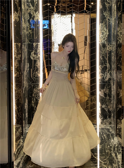 Unique Spaghetti Strap Ruffles Trim Maxi Dress Romantic A-Line Sequins Cinched-Waist Long Dress AP3503