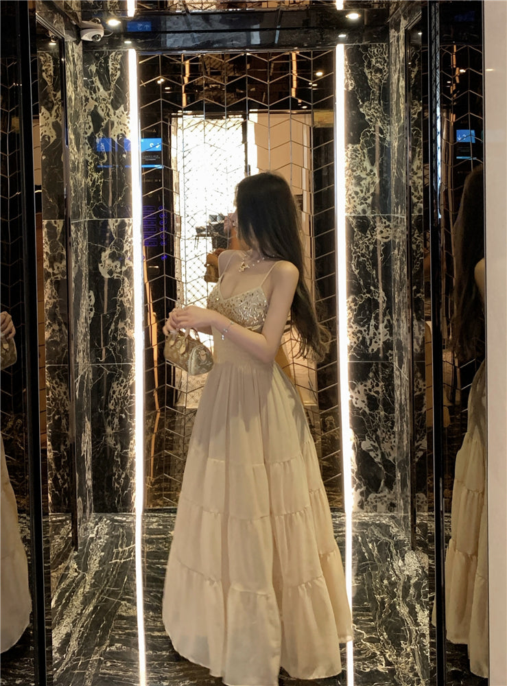 Unique Spaghetti Strap Ruffles Trim Maxi Dress Romantic A-Line Sequins Cinched-Waist Long Dress AP3503