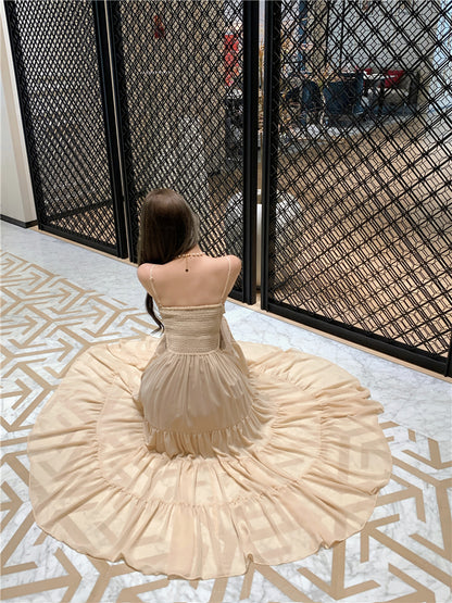 Unique Spaghetti Strap Ruffles Trim Maxi Dress Romantic A-Line Sequins Cinched-Waist Long Dress AP3503