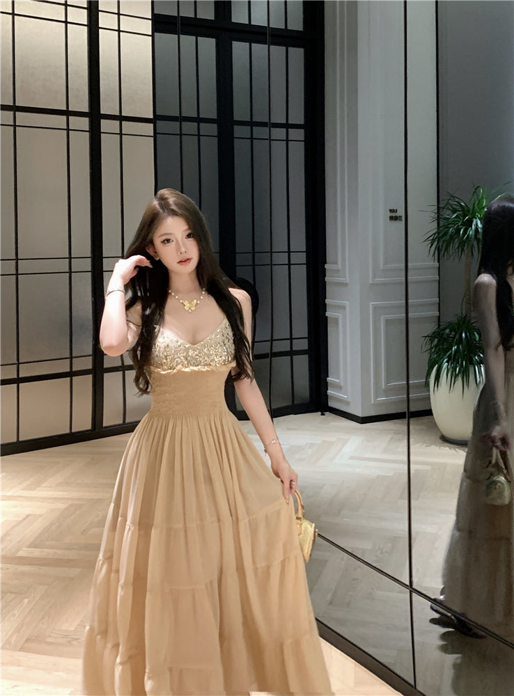 Unique Spaghetti Strap Ruffles Trim Maxi Dress Romantic A-Line Sequins Cinched-Waist Long Dress AP3503