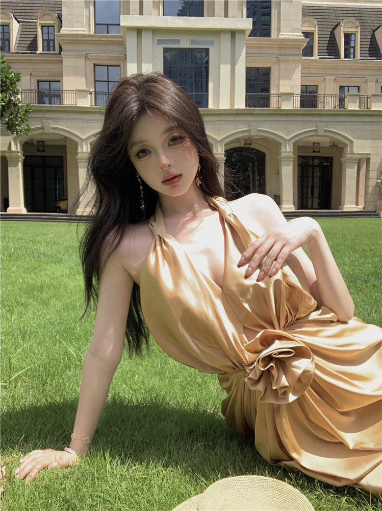 Novelty Sheath High-Slit Cinched-Waist Maxi Dress Cute V-Neck 3D Floral Ruched Halter Long Dress AP3504