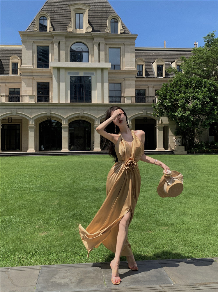 Novelty Sheath High-Slit Cinched-Waist Maxi Dress Cute V-Neck 3D Floral Ruched Halter Long Dress AP3504