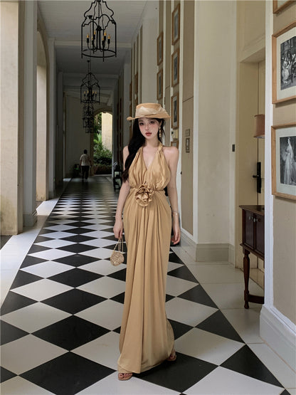 Novelty Sheath High-Slit Cinched-Waist Maxi Dress Cute V-Neck 3D Floral Ruched Halter Long Dress AP3504