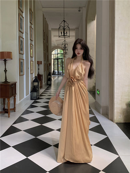 Novelty Sheath High-Slit Cinched-Waist Maxi Dress Cute V-Neck 3D Floral Ruched Halter Long Dress AP3504