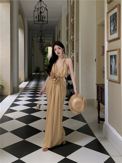 Novelty Sheath High-Slit Cinched-Waist Maxi Dress Cute V-Neck 3D Floral Ruched Halter Long Dress AP3504