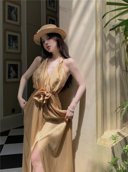 Novelty Sheath High-Slit Cinched-Waist Maxi Dress Cute V-Neck 3D Floral Ruched Halter Long Dress AP3504