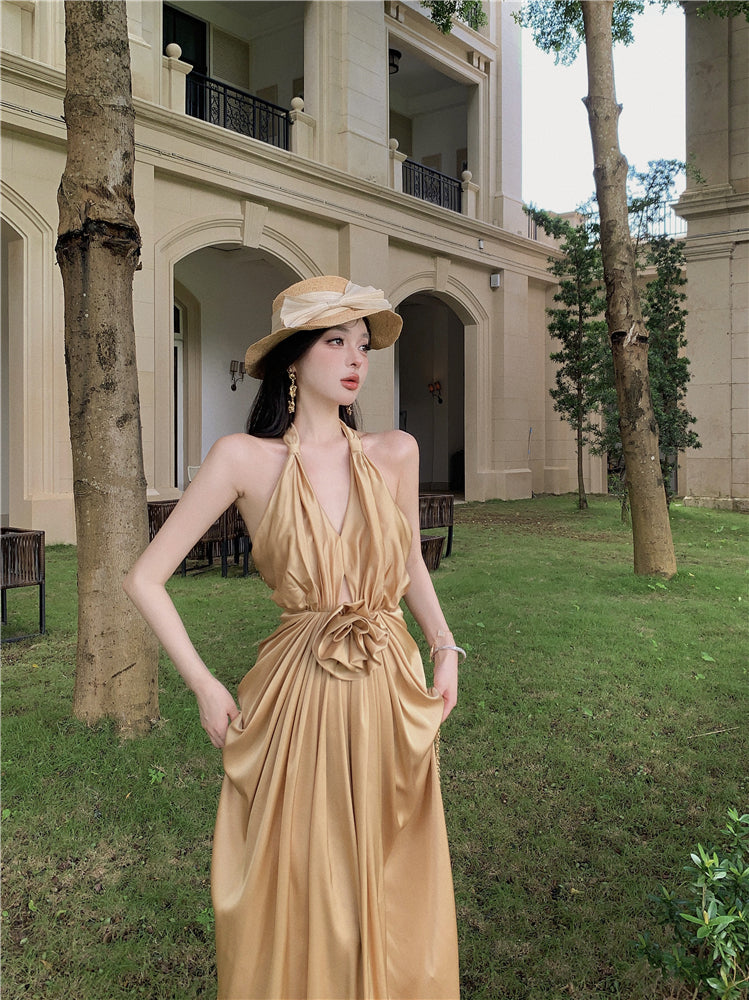 Novelty Sheath High-Slit Cinched-Waist Maxi Dress Cute V-Neck 3D Floral Ruched Halter Long Dress AP3504