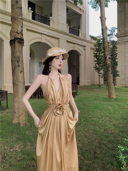 Novelty Sheath High-Slit Cinched-Waist Maxi Dress Cute V-Neck 3D Floral Ruched Halter Long Dress AP3504